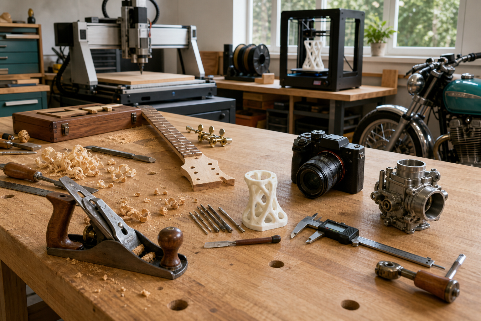 A multidisciplinary workshop with woodworking tools, a guitar neck, CNC and 3D printing equipment, a camera, and motorcycle components